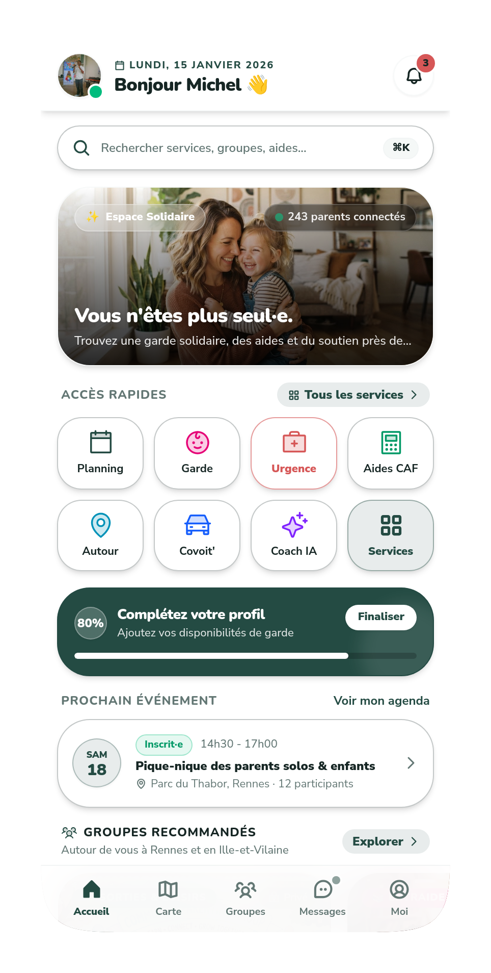 Écran d'accueil MonoParent Connect